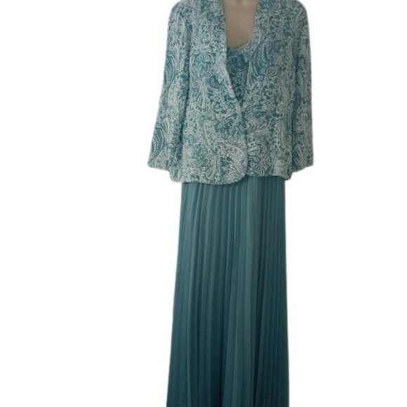 Alex Evenings Womens 2 PC Pleated Maxi Jacket Dress in Caribbean Seafoam 10 New - Picture 2 of 7